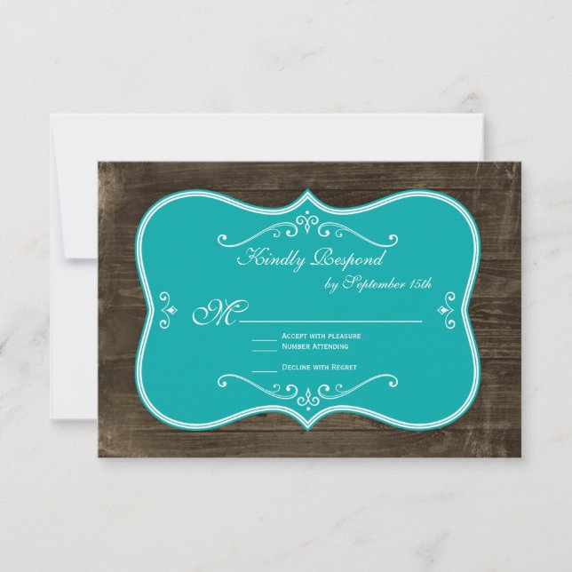 Vintage Teal Rustic Barn Wood Wedding RSVP Cards (Front)