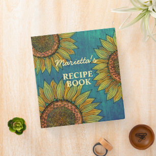Vintage Teal Rustic Sunflower Custom Name Recipe 3 Ring Binder