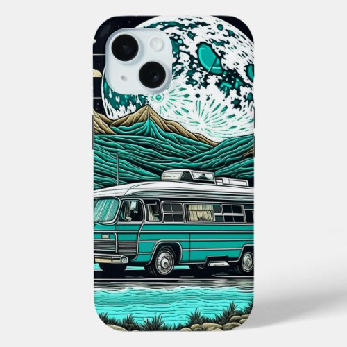 Vintage Teal RV Camper in the Mountains iPhone 15 Case