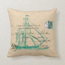 Vintage Teal Sailing Ship Nautical Pillow