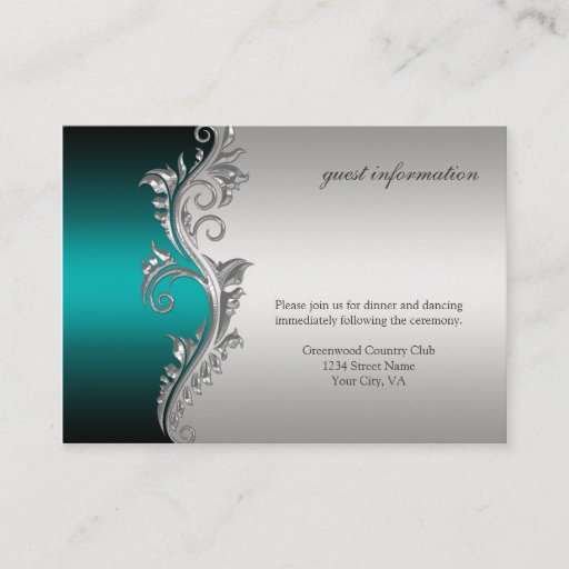 Customizable Vintage Teal Silver Black Reception Card Business Card Template