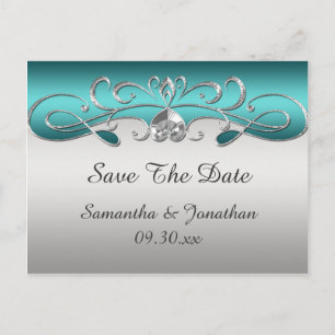 Vintage Teal Silver Ornate Swirls Save The Date Announcement Postcard