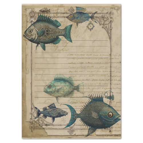 Vintage Teal Steampunk Fish Decoupage Tissue Paper