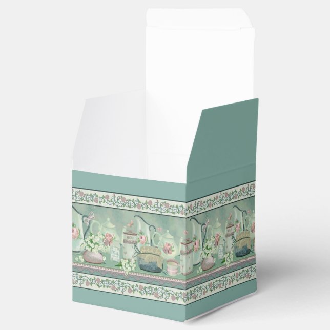 Vintage Teal Tea & Roses Cube Favor Box (Opened)