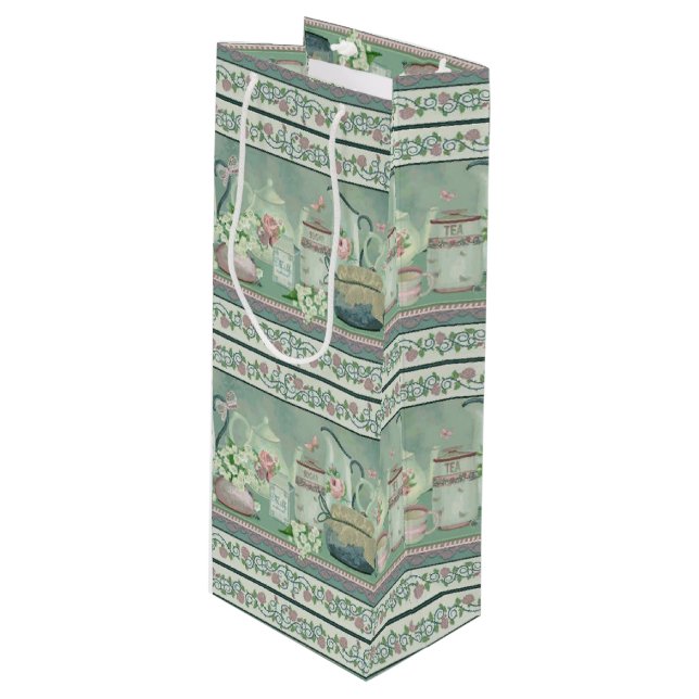 Vintage Teal Tea & Roses Wine Gift Bag (Front Angled)