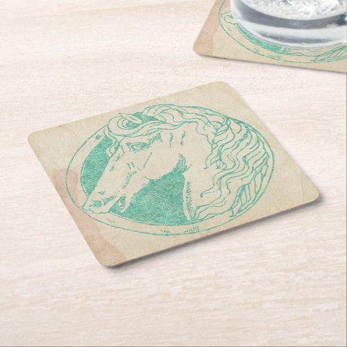 Vintage Teal Tint Horse Cameo Square Paper Coaster