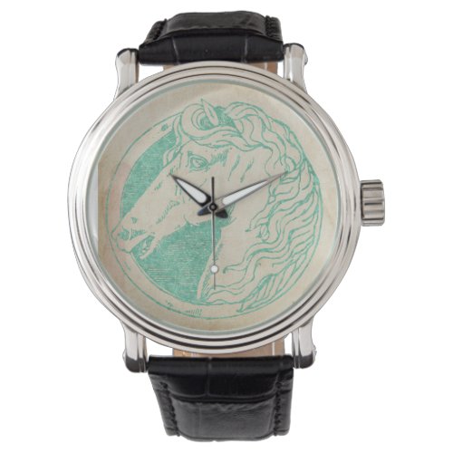 Vintage Teal Tint Horse Cameo Watch