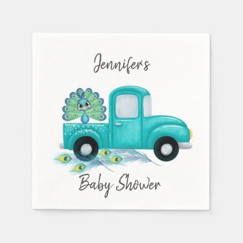 Vintage Teal Truck Peacock Baby Shower Napkins