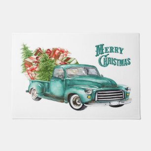 Vintage Teal Truck Presents Christmas Tree Doormat