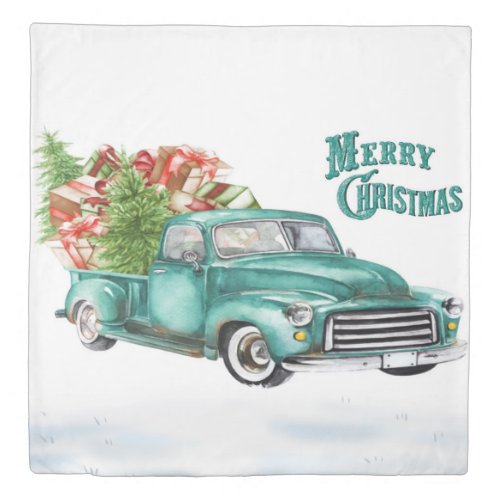 Vintage Teal Truck Presents Christmas Tree Snow  Duvet Cover