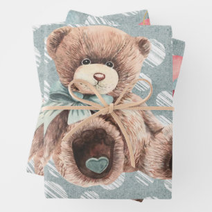 Vintage Teal Truck Teddy Bear Baby Shower Wrapping Paper Sheets