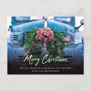 Vintage Teal Truck With Wreath Merry Christmas Ho Holiday Postcard