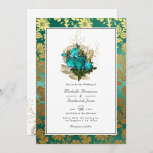 Vintage Teal - Turquoise and Gold Floral Wedding Invitation