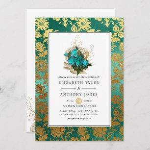 Vintage Teal - Turquoise and Gold Floral Wedding Invitation