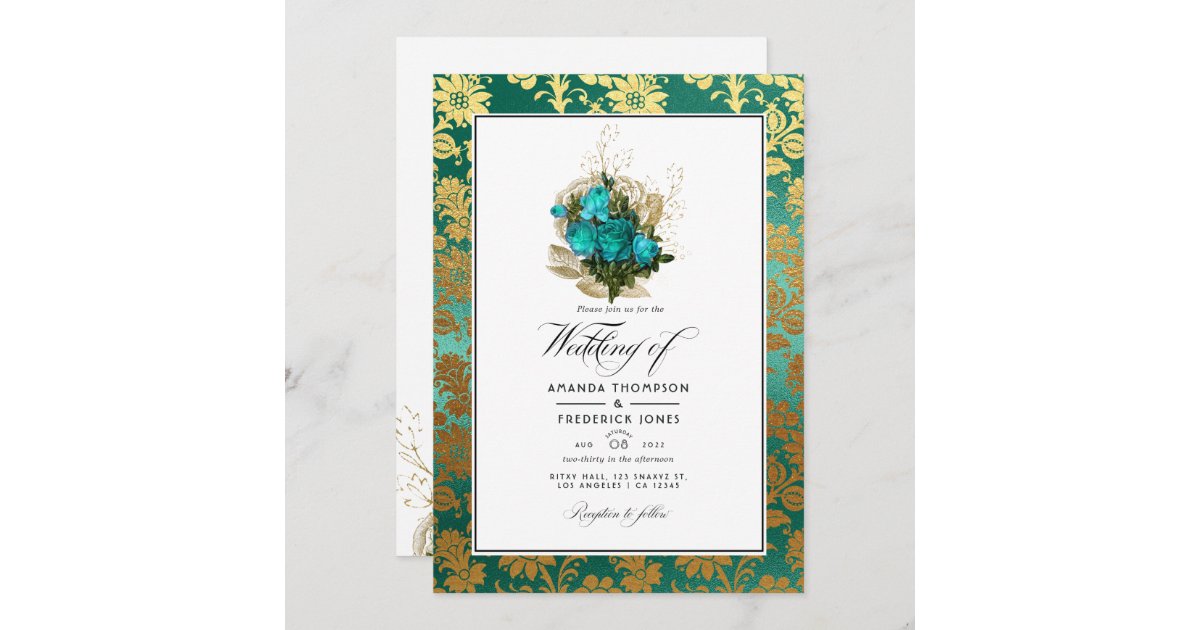 Vintage Teal - Turquoise and Gold Floral Wedding Invitation | Zazzle