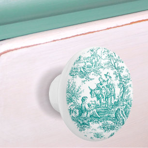 Vintage teal turquoise de jouy printed ceramic knob