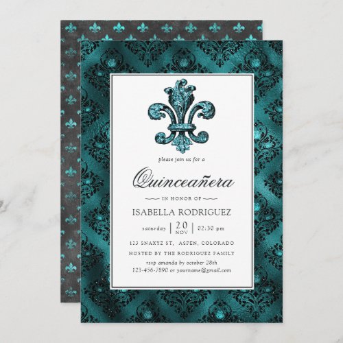 Vintage Teal _ Turquoise Fleur de Lis Quinceaera Invitation