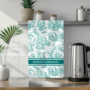 Vintage Teal Turquoise French Toile de Jouy Kitchen Towel