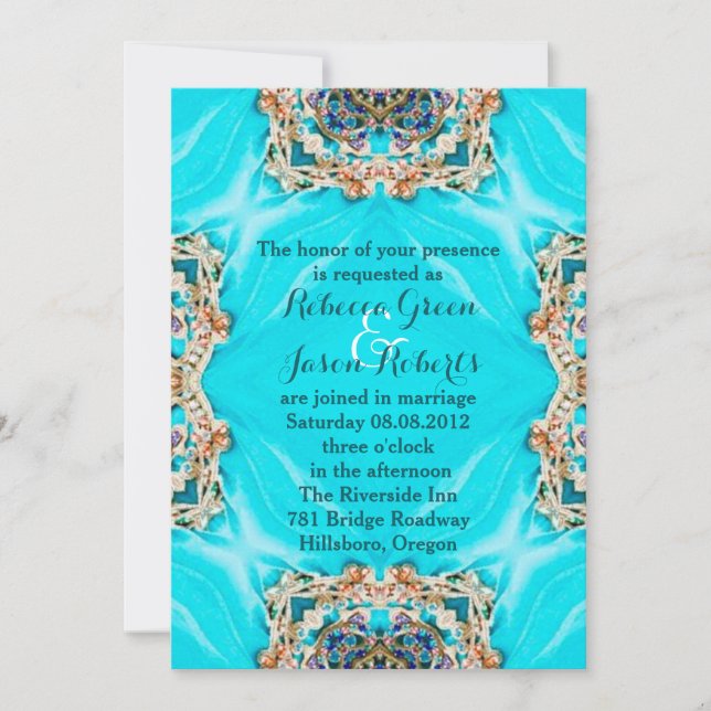 vintage teal turquoise pattern bohemian wedding invitation (Front)