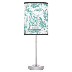 Vintage teal turquoise toile de jouy printed table lamp