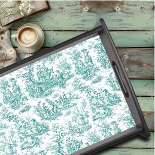 Vintage Teal Turquoise Toile de Jouy Scenic Serving Tray