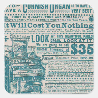 Vintage Teal Typography Cornish Organ Instrument Square Sticker