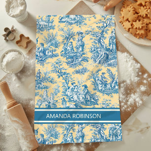 Vintage Teal Yellow French Country Toile de Jouy Kitchen Towel