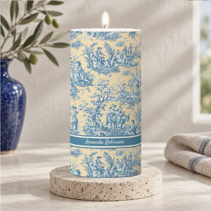 Vintage Teal Yellow French Toile de Jouy Pattern Pillar Candle