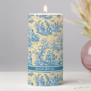 Vintage teal yellow toile de jouy printed pillar candle