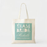 Vintage team bride wedding tote bags | Teal blue<br><div class="desc">Vintage team bride wedding tote bag with personalized name. Vintage chic style design. Customize for bridesmaids,  flower girls,  maid of honor,  mother of the bride,  guests etc. Elegant script text for name. Teal turquoise blue color.</div>