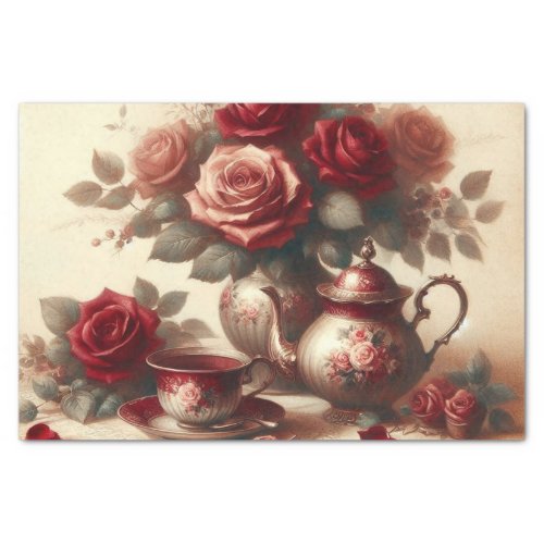 Vintage Teapot and Red Rose Floral Tea Party  Tissue Paper