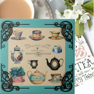 Vintage teapot and teacup advertisement teal brown ceramic tile
