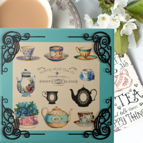 Vintage teapot and teacup advertisement teal brown ceramic tile