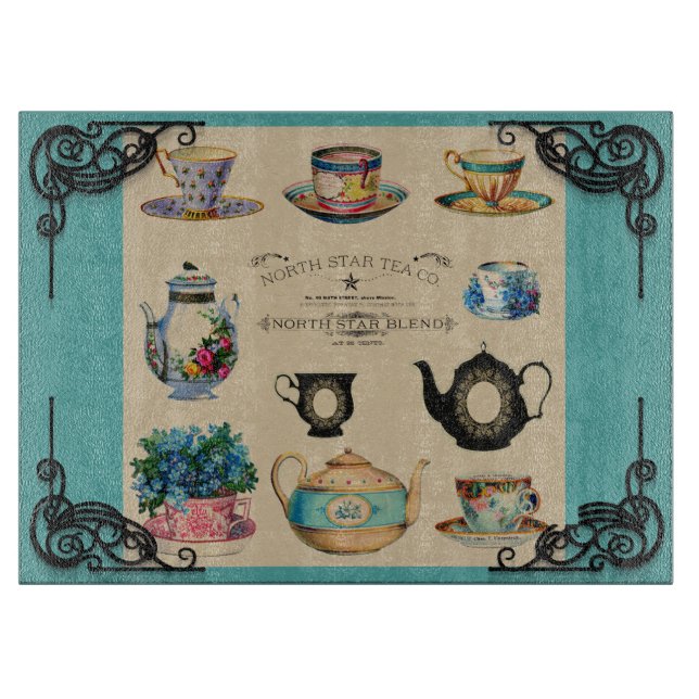 Vintage teapot and teacup cutting board (Front)