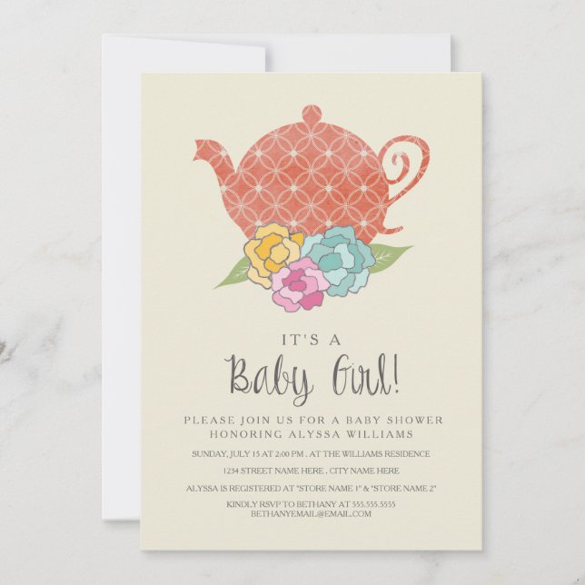 Vintage Teapot Baby Girl Shower Invitation (Front)