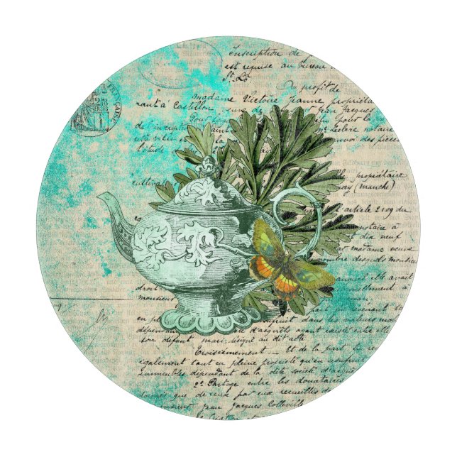 Vintage Teapot & Ephemera Collage Cutting Board (Front)