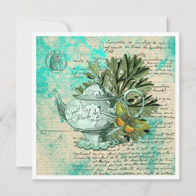 Vintage Teapot & Ephemera Collage Flat Card (Front)