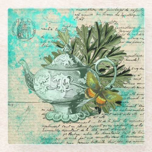 Vintage Teapot  Ephemera Collage Glass Coaster