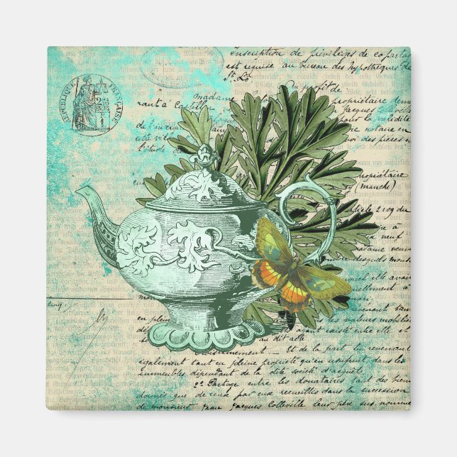 Vintage Teapot & Ephemera Collage Magnet (Front)