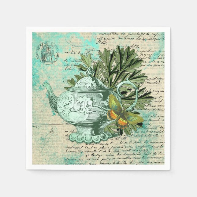 Vintage Teapot & Ephemera Collage Napkins (Front)