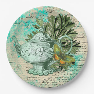 Vintage Teapot & Ephemera Collage Paper Plates