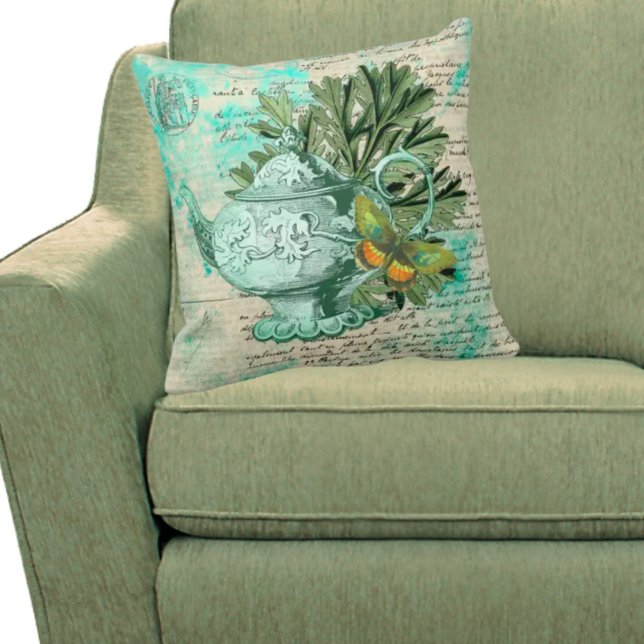 Vintage Teapot & Ephemera Collage Throw Pillow (Creator Uploaded)