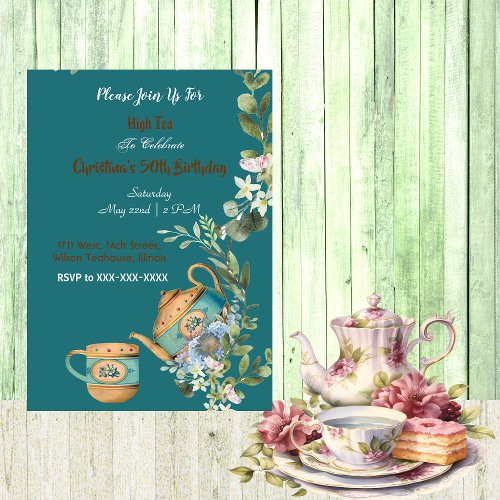 Vintage Teapot Floral Afternoon High Tea Birthday  Invitation