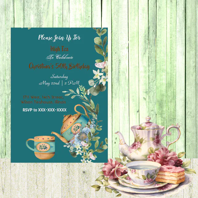 Vintage Teapot Floral Afternoon High Tea Birthday Invitation | Zazzle