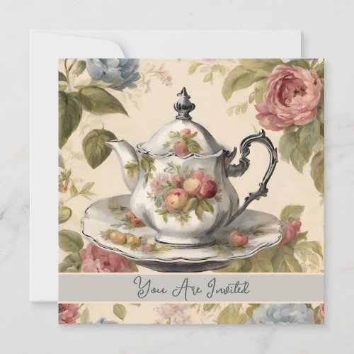 Vintage Teapot  Floral Bridal Shower Tea Party  Invitation