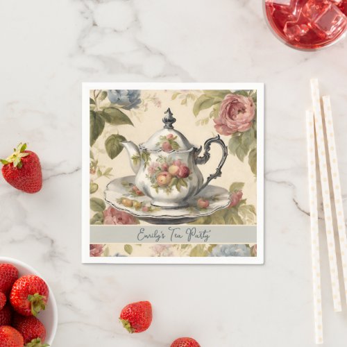 Vintage Teapot  Floral Bridal Shower Tea Party  Napkins