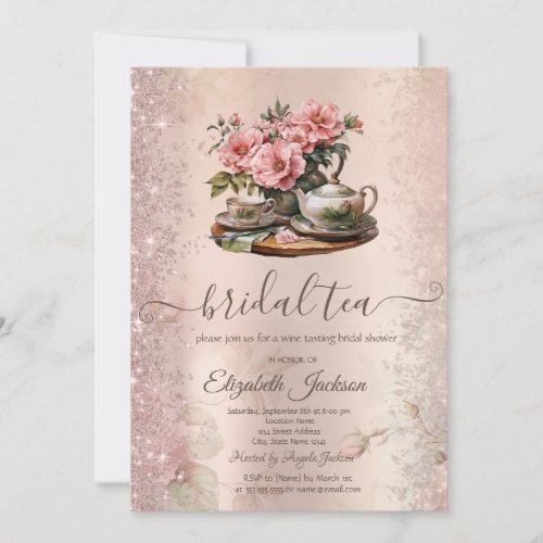 Vintage Teapot Flowers Glitter Sparkle  Invitation