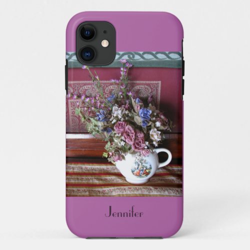 Vintage Teapot Flowers Orchid Purple Name iPhone 11 Case