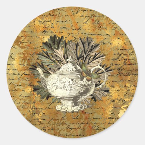 Vintage Teapot  Golden Ephemera   Classic Round Sticker
