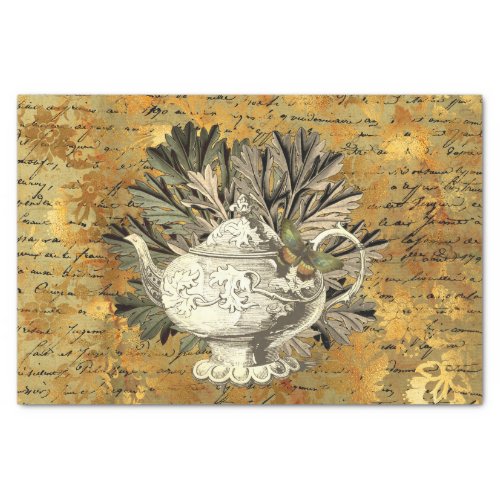 Vintage Teapot  Golden Ephemera Collage   Tissue Paper